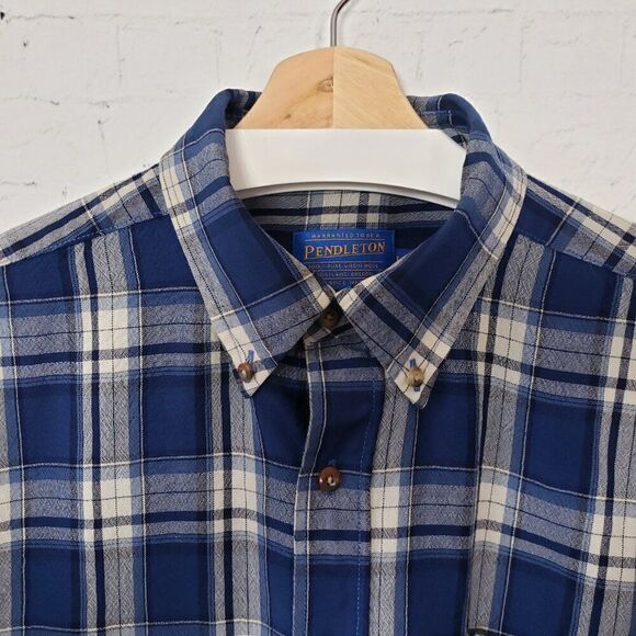 Pendleton VTG 100% Virgin Wool Flannel Shirt Mens Size L Long Blue Plaid *Flaw - Picture 4 of 11